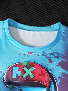 1件男童卡通电子游戏机器人印花涂鸦扎染设计圆领短袖T恤，春夏款 - 藍色 - 查看 3