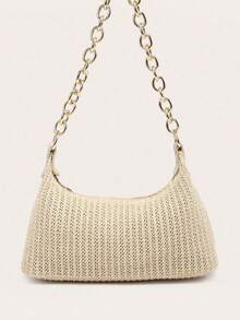 Women's Underarm Shoulder Bag, Square Metal Chain Bag, Large Capacity, Lightweight, Casual & Fashionable Beach Vacation Style, Suitable For Shopping And Vacation, Holiday - Màu be - Xem 6