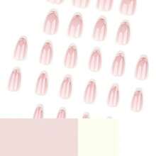 French Tip Press On Nails Short Almond Fake Nails Nude Pink And Gold White Nail Tips Design Full Cover Acrylic False Nails Autumn Stick On Nails For Women Girls Daily Wear Nails 24Pcs - 彩色 - 查看 2