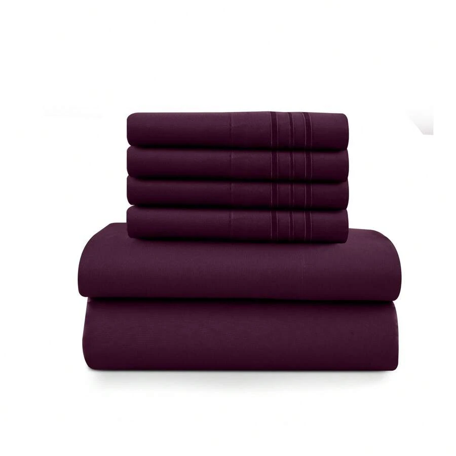 LUX DECOR 6-Piece Embroidered Bed Sheet Set – Brushed Microfiber Material, Deep Pocket Design, Lightweight & Breathable For Everyday Use – Graduation Gifts, Home Decor, Winter Vibes, Sleep Protection For Dorms, Student Beds, Back‑To‑School Gift, Christmas Decor, New Year Vibes - 李子 - 查看 1