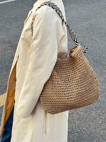 手工编织草编包，法式小众设计，ins风沙滩包，多功能通勤包，夏季单肩包 - 卡其色 - 查看 6
