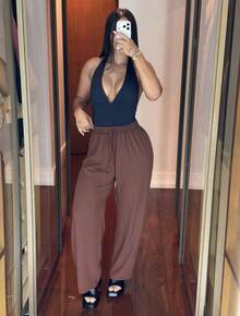 Set Of 3 Women's Pants Duna Wide-Leg Pants Trio High-Waisted Wide-Leg Pants Elastic Waistband Premium Duna Fabric Wrinkle-Resistant Shrink-Resistant Loose-Fitting Pants One Size Elegant Work Outfit Versatile Piece Fashionable For Summer Winter Spring Autumn Superior Quality - 黑/紅/棕 - 查看 4