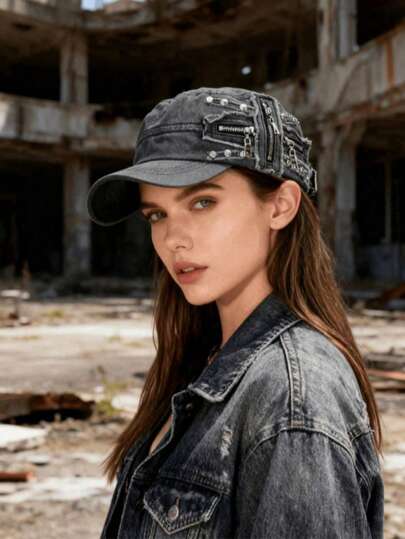 1pc Autumn/Winter New Street Metal Rivet Flat Top Hat, Niche Y2K Baddie Washed Distressed Baseball Cap, Holiday Gift, Valentine's Day Gift, Photo Accessory, Gift For Women