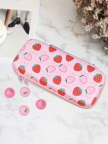 Portable Carrying Case, Cute Pink Strawberry Design With Shoulder Strap And Joystick Cap Set - View 6