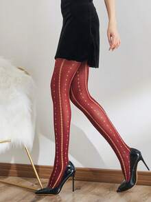 1 par de medias verticales con rayas doradas para mujer, estilo retro lujoso que estiliza las piernas, adecuado para uso diario, citas, fiestas y viajes - Burdeos - Ver 1