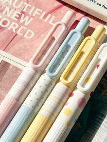 4支波点/星形图案按压式中性笔，高品质墨水，适合学生和考试使用，速干，黑色墨水 - 小布丁筆 - 查看 7