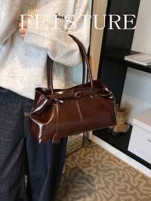 1 Túi xách tay màu trơn chất liệu PU có quai đeo trang trí, Túi đeo vai thời trang có khóa từ, Thích hợp cho việc đi chơi hàng ngày, hẹn hò, đi làm - Cà phê - Xem 7