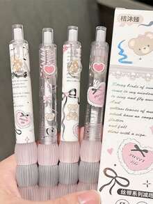 4pcs Laser Ribbon Rabbit/Bear Ballpoint Pens, Quick-Drying Ink Pens For Students, Cute & Minimalist Design - Ribbon - View 2