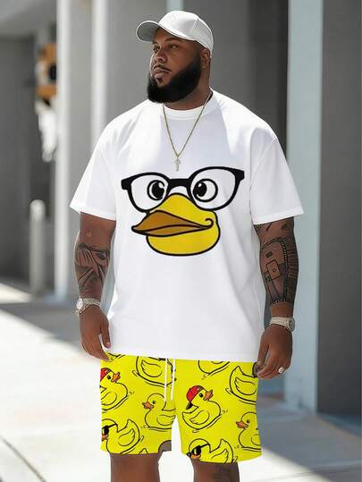 Conjunto deportivo casual de hombre de estilo urbano con estampado de "Ojos de pato lindos y divertidos" de la serie de dibujos animados - Tela de punto de poliéster, diseño de cuello redondo, pantalones cortos con cordón, detalles de bolsillo, ajuste regular, adecuado para tallas grandes