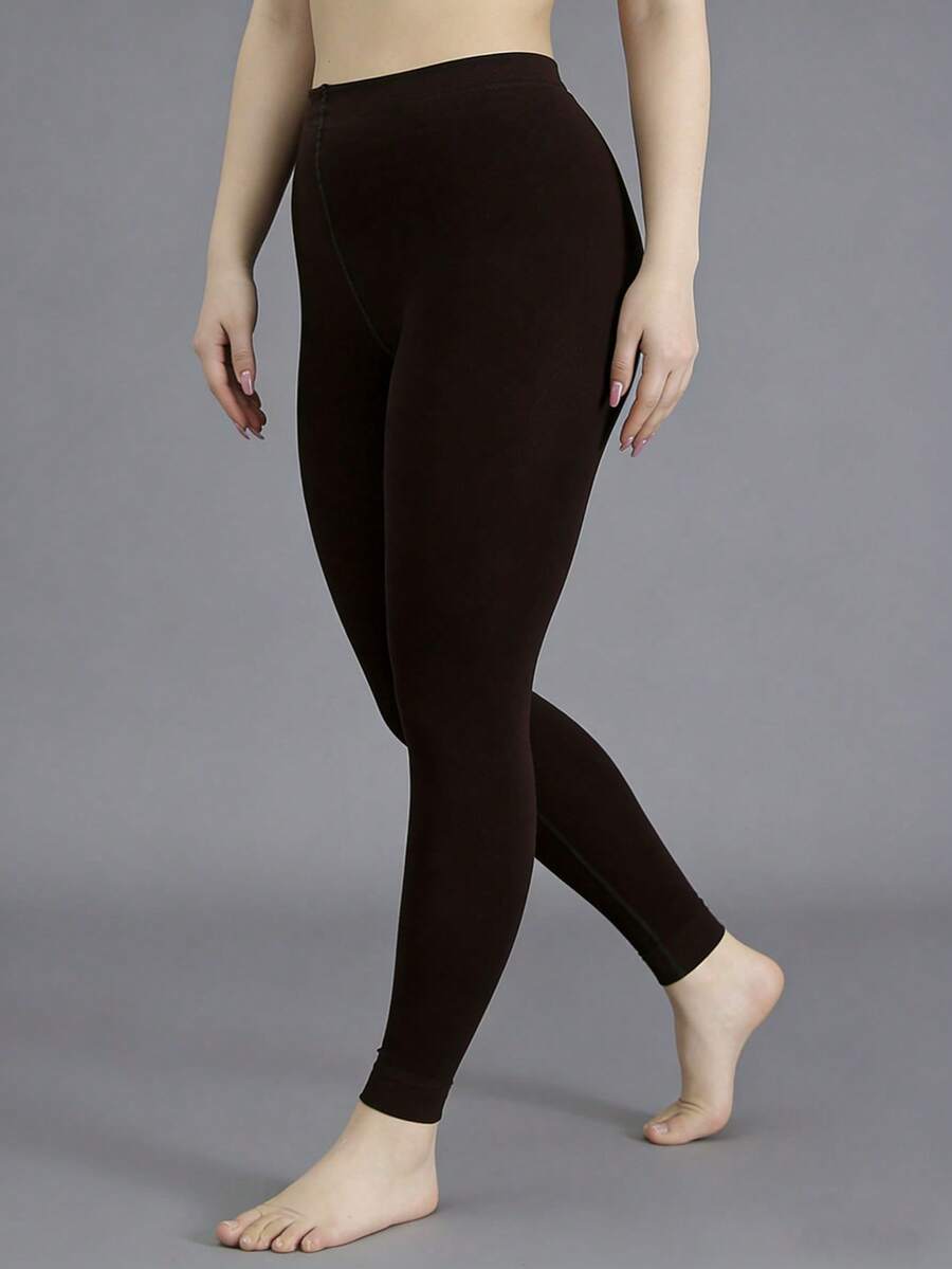 1pc Plus Size Black Ankle Length Leggings, High Stretch - Black - View 1