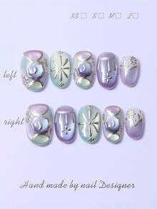 10片/套 手工制作的Y2K浅紫色短椭圆形美甲贴片，3D立体手绘挤压图案，银色镀金渐变猫眼美甲设计。包含1片果冻胶和1把指甲锉。非常适合日常佩戴，也适合科切拉音乐节派对等场合的装扮。美甲贴片及美甲护理产品。手工制作的美甲贴片。 - 淡紫色 - 查看 2