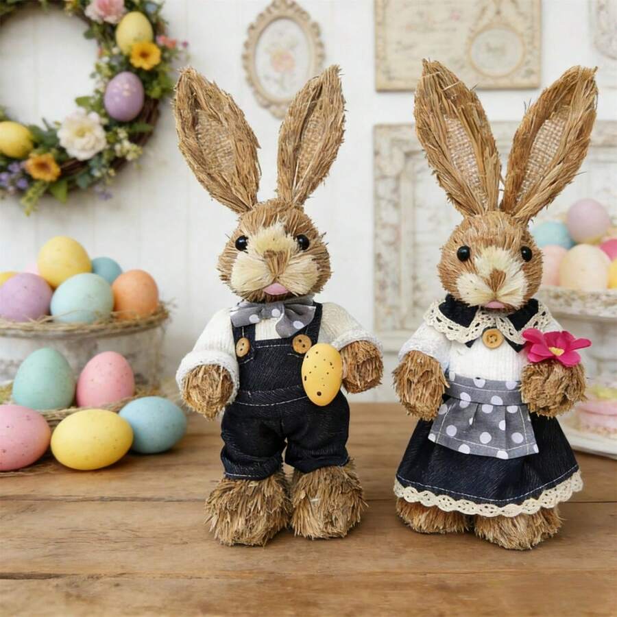 Easter Rabbit Table Decorations Cute Straw Mini Bunny Figurines Tabletop Centerpieces For Home Spring Party - A - View 1