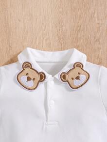 2件套男婴可爱小熊领连体衣和格子围兜裤套装，夏季 - 淺藍色 - 查看 4