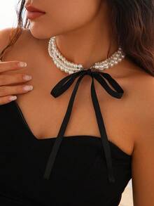 Vintage Bohemian Pearl Bow Tie Necklace - Elegant Beaded Necklace For Women, Suitable For Daily Wear And Party Gift - Multicolor - View 2