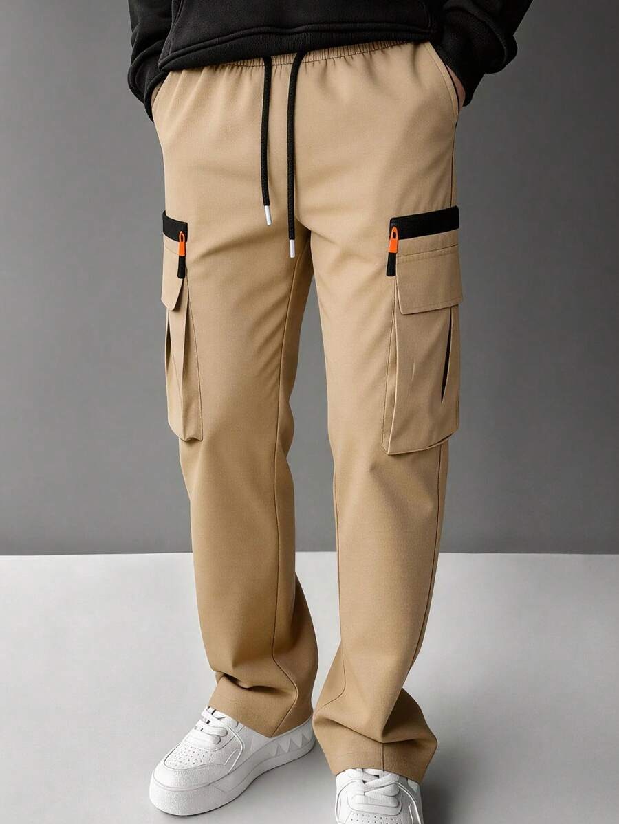 1pc Men's Khaki Elastic Waist Zipper Casual Cargo Pants, Plus Size Lightweight Multi-Pocket Relaxed Fit Trousers, Suitable For Daily Commute - Khaki - View 1