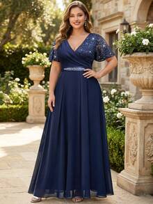 Butterfly Sleeve V-Neck Floral Lace Patchwork Chiffon Diamond Waist Belt Long Evening Dress, Suitable For Wedding Guests, Valentine's Day, Summer, Birthday, Graduation, Back To School And Other Occasions - Navy Blue - View 4