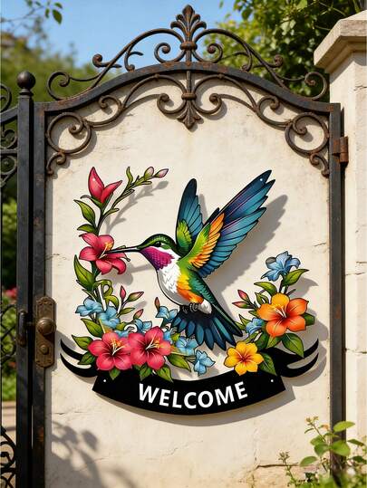 1件装 2D 立体蜂鸟迎宾牌 - 金属墙饰，热带花卉图案，防水户外装饰，适用于门廊、露台、花园和房屋，乔迁礼物