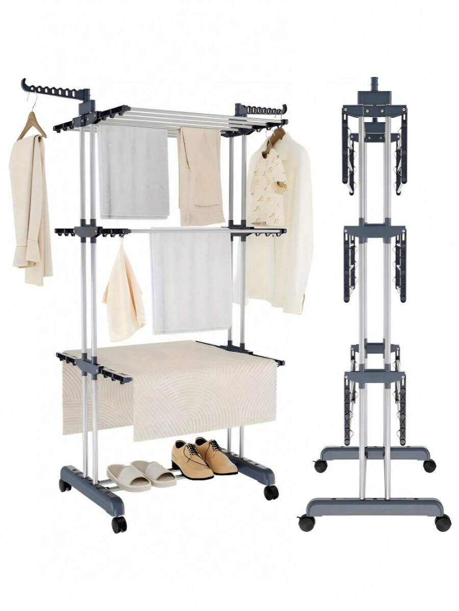 Extra Large Capacity Clothes & Underwear Drying Rack, Vertically Foldable, Black And Blue, Suitable For Balcony And Laundry Room, Freestanding, Vertical Drying Rack, Foldable Stainless Steel Drying Rack, Mobile Drying Rack With 4 Wheels, Drying Rod, Drying Rack, 4-Tier Drying Rack, With Wheels, Adjustable Width, Foldable Side Wings, Drying Rack