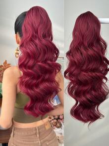 Ponytail Extension Drawstring Clip Style Hair Extensions In Gold, Burgundy, Orange, Gradient Brown, 28 Inch Long Wave Synthetic Heat-Resistant Fiber Synthetic Wig, Suitable For Women's Christmas, Halloween, Music Festival Parties, And Daily Use - Two-Tone - View 11