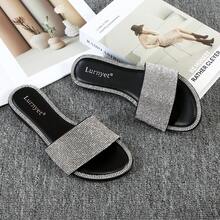 Women Slippers Sandals Casual Bling Rhinestone Crystals Mules Women's Glitter Sandal Flat Open Toe Sparkle Slides Sandals For Women - 黑色 - 查看 2