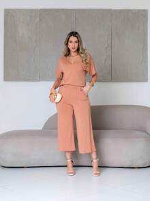Women's Comfort 2-Piece Set: Pantacourt And Loose Short-Sleeve Blouse In Premium Viscose Lycra – Elegant Casual Look 2026-18/17 - Rose - 查看 5