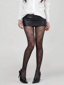 1 Pair Of Women's Designer Pattern Pantyhose, Perfect For Dresses - Black - View 3