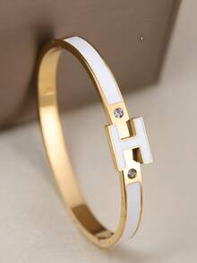 3pcs/Set Luxury Gold Bracelet Set For Women - Clover & Letter H Design Stackable Bangle, White Enamel & Cubic Zirconia, Stainless Steel Jewelry - Suitable For Party, Wedding & Daily Wear - Great Gift For Girlfriend, Wife Or Mother - Yellow Gold - View 8