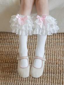 1 Pair Girls' Socks, Spring/Summer Style With Big Lace Bow, Sweet Lolita Ballet Style Princess Socks, Suitable For Birthday Party, Daily Wear - Multicolor - View 1