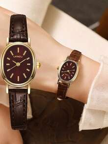 LIANDU LIANDU 1pc Vintage Fashionable Minimalist Casual Women's Wrist Watch, Oval Case, PU Strap, Delicate Small Dial With Rhinestone Decor, Elegant & Charming, Suitable For Daily Wear, Birthday Gift, Party, Holiday Gathering, Ideal Choice For Yourself Or Friends - màu nâu - Xem 2