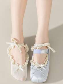 1 Pair White Ballet Socks For Women, Lace Bow Tie Ankle Socks, Mori Girl Style - White - View 3
