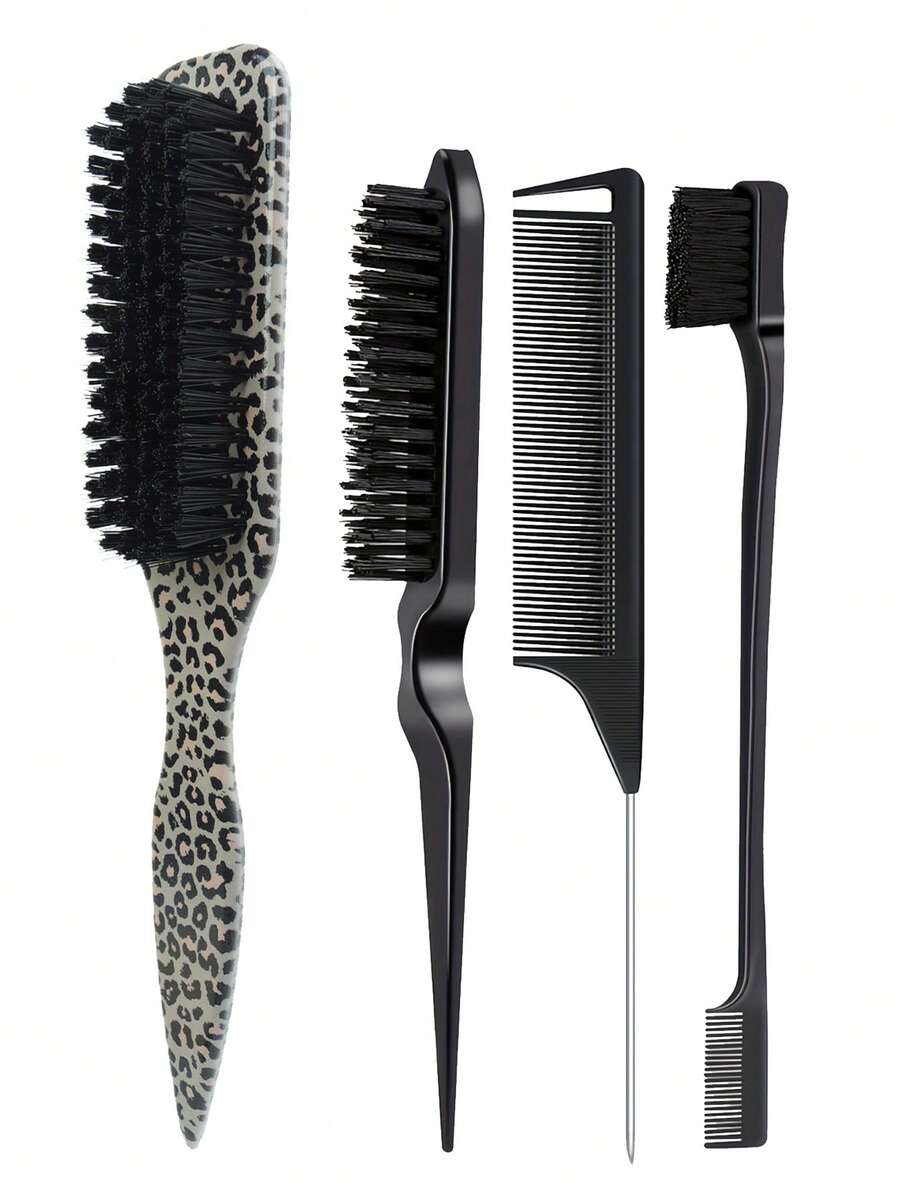 Men's Oily Hair & Beard Brush Set, Professional Long Handle Beard Cleaning Brush With Oily Comb, Solid Color And Leopard Print Hair Brush, Wooden Comb, Mini Straightening Brush, Beard Trimming, Curling, Edging, Pompadour Styling, Travel Essential, Back To School Essential, Holiday Essential