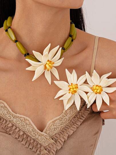 1件套时尚波西米亚风夸张花卉多层项链，树脂串珠项链/耳环/手链套装，适合女性日常、派对、度假佩戴，亦可作为日常礼物