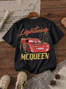 Disney Pixar Cars Lightning McQueen 95 Racing Printed Pattern T-Shirts For Girls - Children's Clothing Design Short-Sleeved Casual And Cute Style Comfortable And Casual Wear All Year Round Suitable For Parties And Play Machine Washable Gift Children's Clothing Girls' Short-Sleeved Shirts - Black - View 2