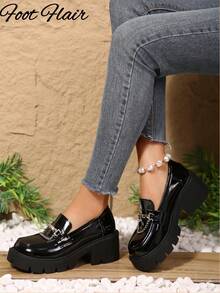 Foot Flair 女士搭扣装饰玛丽珍厚底粗跟高跟踝带 Y2K 哥特洛丽塔牛津经典舒适校服正装鞋 - 黑色 - 查看 3