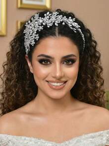 1pc Luxury Handmade Bridal Headband, Crystal Alloy Flower Hair Hoop, Fashion Hair Accessory Suitable For Wedding, Party, Celebration, Ball - 銀色 - 查看 4