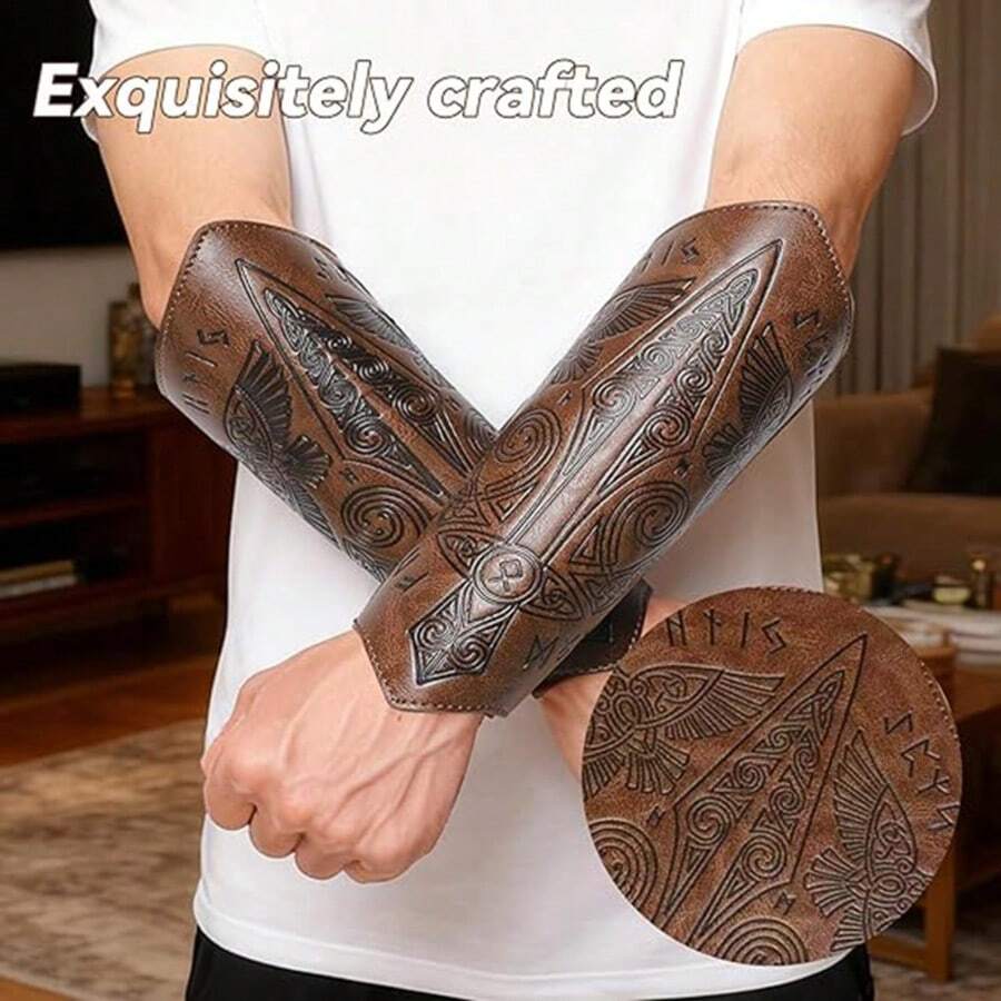 2pcs Medieval PU Leather Bracelets, With Intricate Embossing, Viking-Style Faux Leather Arm Guards, Halloween Costume Accessories - A - View 1