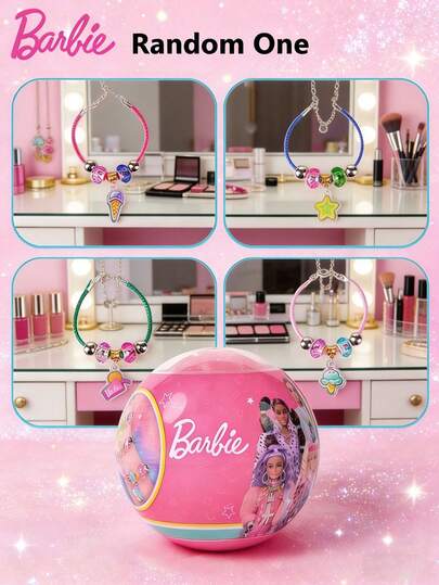 Mattel 1PC Barbie Officially Licensed DIY Beaded Bracelet Blind Box Hand String Surprise Box Colorful Stackable Crystal Wrist Adornment Cute Shaped Multiple Styles Random Inlaid Diamond Pendant Bracelet Adjustable Chain Acrylic Accessories Birthday Christmas Gifts