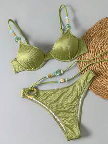 Bikinx Women's Elegant Spaghetti Strap Bikini Set With Knot And Beaded Details Backless Casual Swimsuit - 橄欖 - 查看 3