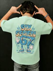 青少年男孩“意大利脑腐烂搞笑数字67”图案印花T恤，时尚男童夏季短袖T恤，适合日常穿着、上学和街头服饰。 - 薄荷綠 - 查看 4