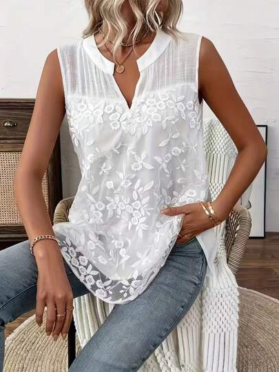 花卉图案优雅V领无袖衬衫 | 时尚蕾丝上衣，适合春夏穿着，休闲及正式场合皆宜，度假必备