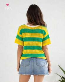 Women's T-Shirt Brazil Striped Knit Oversized Short Sleeve Knit Blouse Fashion World Cup - Xanh lá vàng - Xem 4