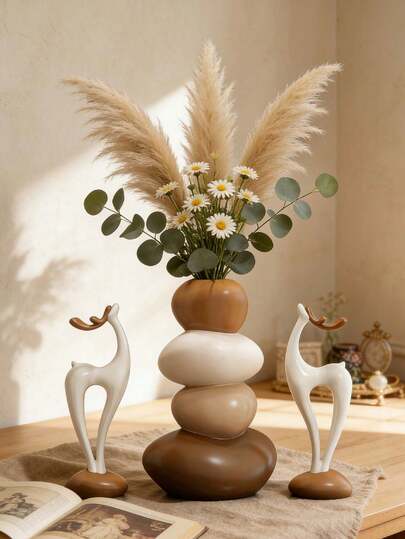 3pcs Resin Stone Vase Set, Vases Cannot Hold Water, Only For Decorative Artificial Flowers, Lucky Deer & Christmas Reindeer Shapes, Suitable For Living Room, Dining Room, TV Cabinet Tabletop Decor, Housewarming Gift, No Power Needed, Home Decor, Christmas Decor, Valentine's Day Room Decor