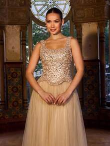 Faeriesty Đầm dạ hội nữ màu sâm panh đính sequin và hạt cườm, áo không tay cổ vuông ôm sát kết hợp với chân váy maxi xếp tầng bằng vải lưới, thiết kế eo tinh tế, phong cách sang trọng, phù hợp cho các bữa tối trang trọng, sự kiện thảm đỏ, dạ tiệc từ thiện, đám cưới và các dịp trang trọng khác. Thích hợp cho mùa xuân. - Rượu sâm banh - Xem 12
