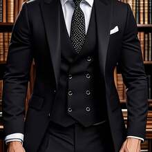 Men's Notch Lapel Suit Set Includes A Jacket, Vest, And Trousers. A Simple, Comfortable, And Classic Three-Piece Suit For Elite Business Attire, High-End Wedding Groomsmen, Interviews, Parties, Casual Events, Sports, And Holiday Gifts - 黑色 - 查看 1