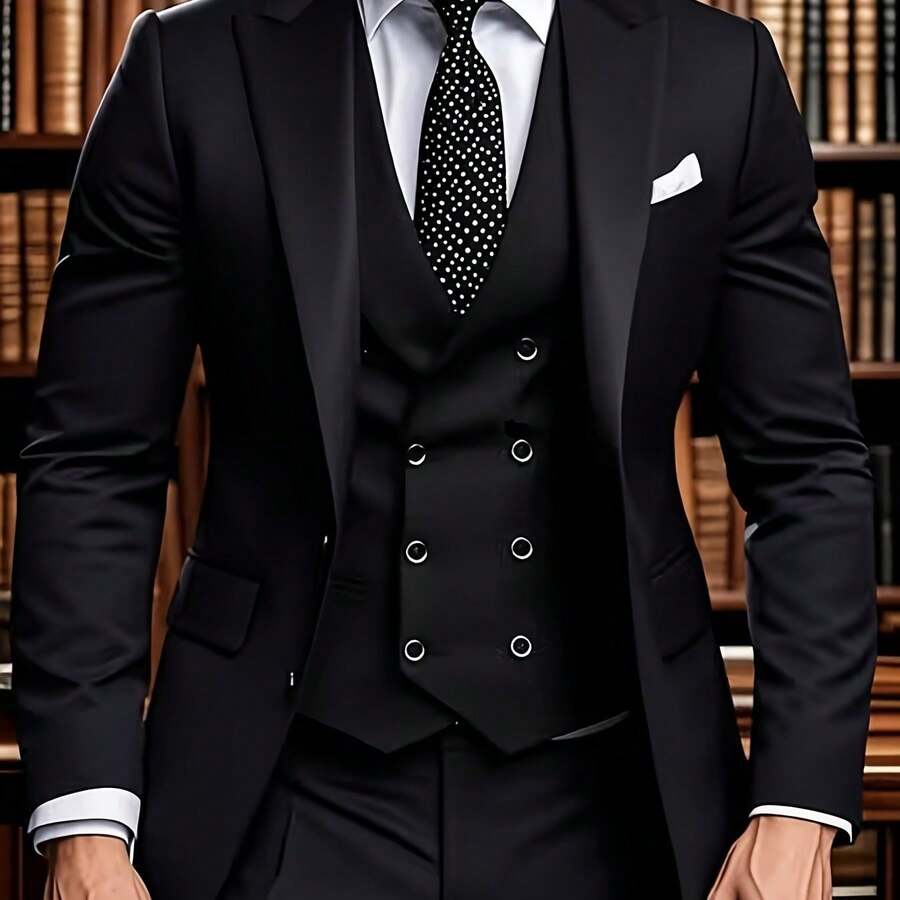 Men's Notch Lapel Suit Set Includes A Jacket, Vest, And Trousers. A Simple, Comfortable, And Classic Three-Piece Suit For Elite Business Attire, High-End Wedding Groomsmen, Interviews, Parties, Casual Events, Sports, And Holiday Gifts - 黑色 - 查看 1