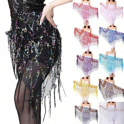 1pc Women's Jazz/Belly Dance Costume Waist Chain Belt, Glitter Sequin Waist Belt, Fringe Skirt Dance Outfit, Suitable For Festivals, Parties, Nightclubs, Beaches, Boho Vintage Style