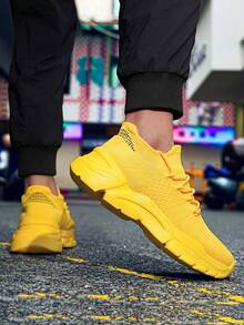 Men's Yellow Sneakers With Breathable Knit Upper – Fashionable Chunky Sole Athletic Shoes For Comfortable Walking, Casual Wear, And Outdoor Adventures, Excellent Gift Choice - 黃色 - 查看 3