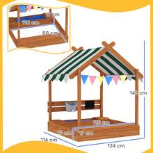 Outsunny Arenero para Niños de Madera, Arenero Infantil en Forma de Casa con 2 Asientos, Toldo, 6 Banderines, 2 Bandejas Extraíbles, Grifo y Pizarra, para Patio, Jardín, 124x116x146 cm, Naranja - Naranja - Ver 7