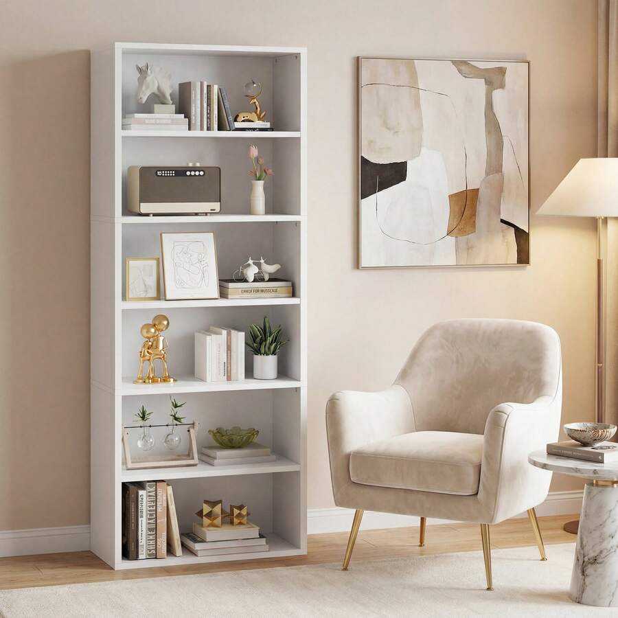 6-Tier Modern Bookshelf, Wood Slim Space-Saving Bookcase For Living Room, Bedroom,White - White - View 1