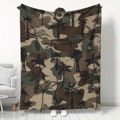1pc Comfortable Vintage Camouflage Coconut Tree Printed Flannel Blanket, Fashionable, Soft And Warm, Suitable For All Seasons, Multifunctional Gift Printed Blanket, Ideal For Sofa, Bed, Office And Travel, Perfect Holiday And Birthday Gift For Family And Friends
